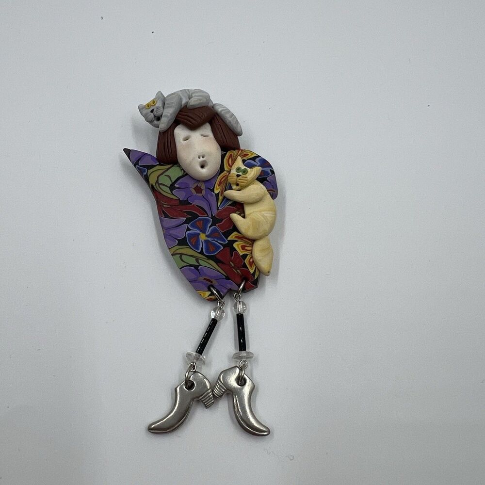 Vintage Handmade Jari of Glasgow Unique Teacher Polymer Clay Cat Lady Brooch Pin